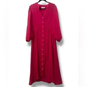 XIRENA Cranberry Pink Gauze Cotton Button Front Midi Dress